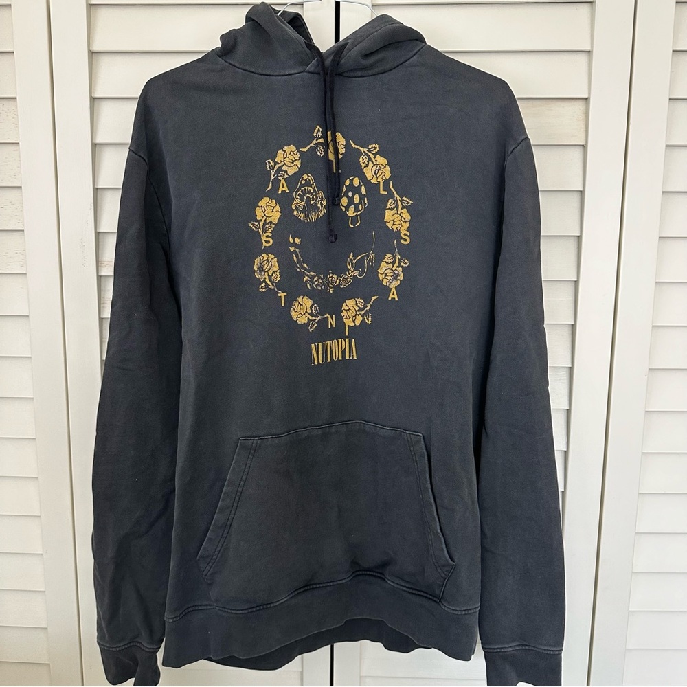 All Saints Nutopia faded black/dark charcoal grey Hoodie with Yellow Graphic - Picture 2 of 4